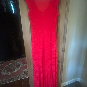 Betsy & Adam Red Lace V‑Neck Prom Gown